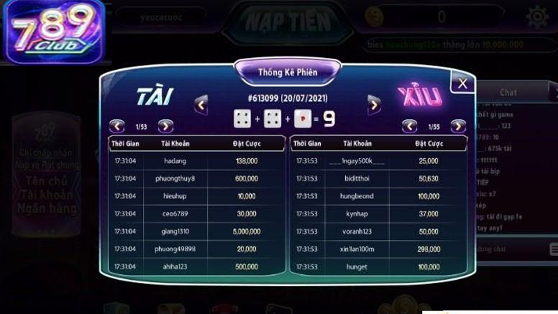 Tài Xỉu 789Club là một trò chơi cực kỳ hấp dẫn với những tính năng thú vị và tỷ lệ thanh toán cao